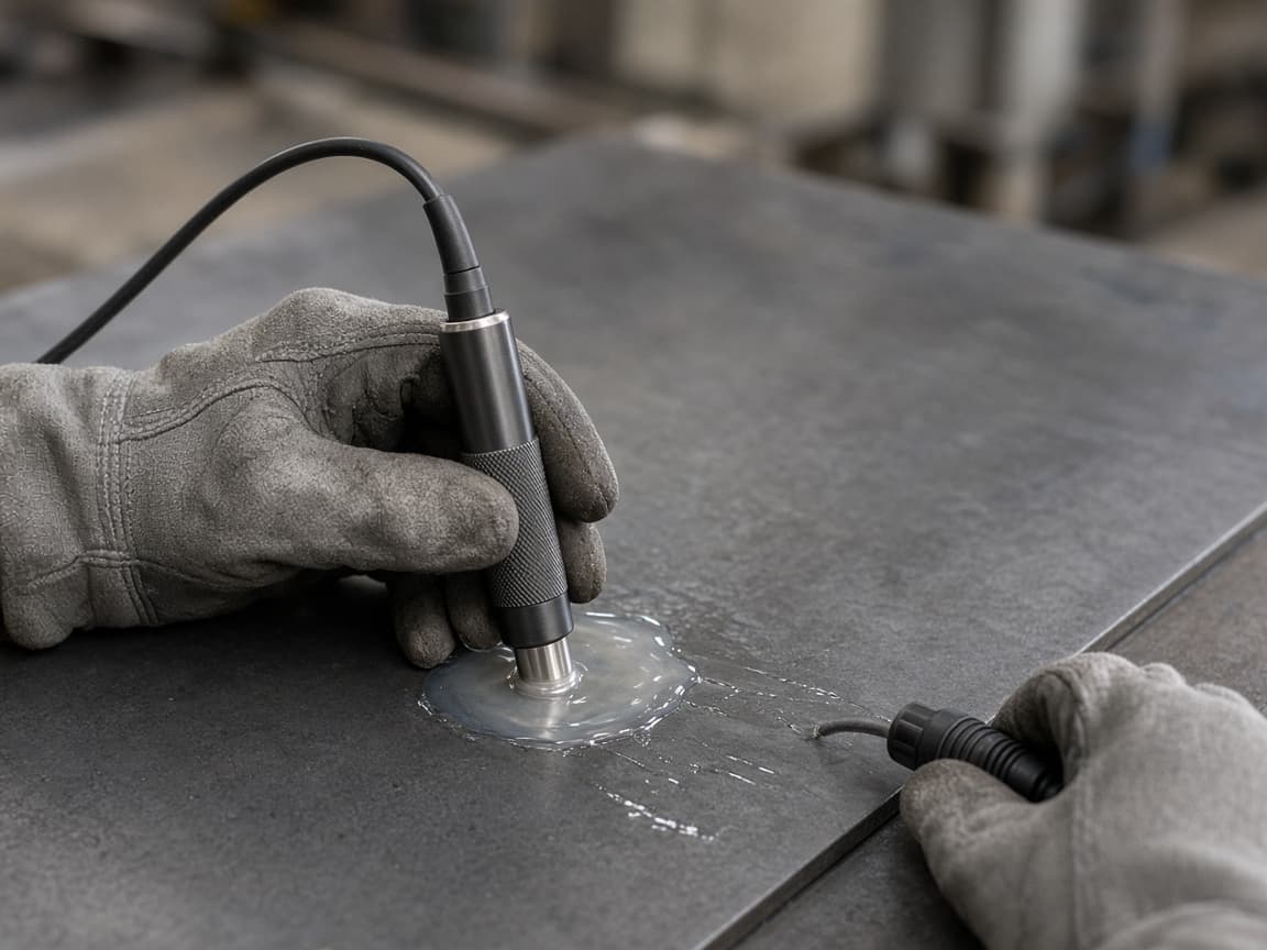 Ultrasonic thickness gauge in use — quality inspection